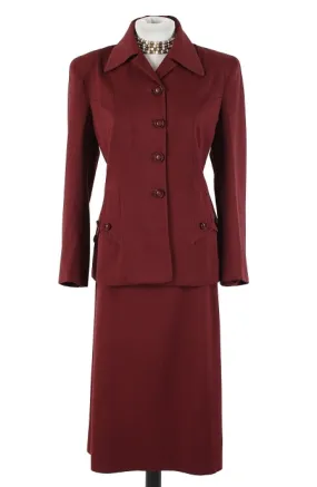1940s Vintage Skirt Suit with Button Tabs Wool Gaberdine