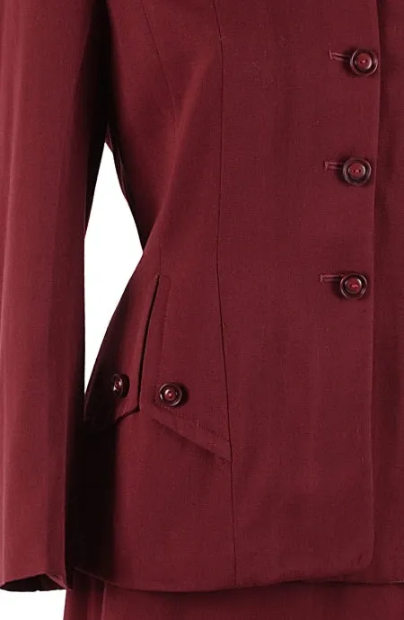 1940s Vintage Skirt Suit with Button Tabs Wool Gaberdine