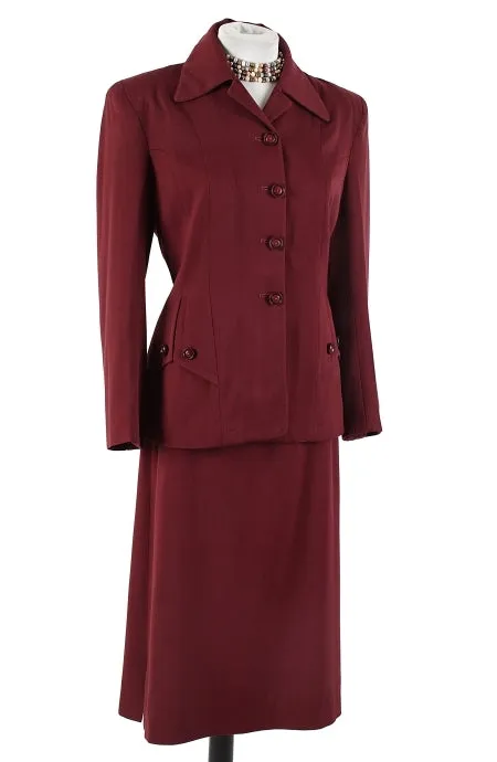 1940s Vintage Skirt Suit with Button Tabs Wool Gaberdine