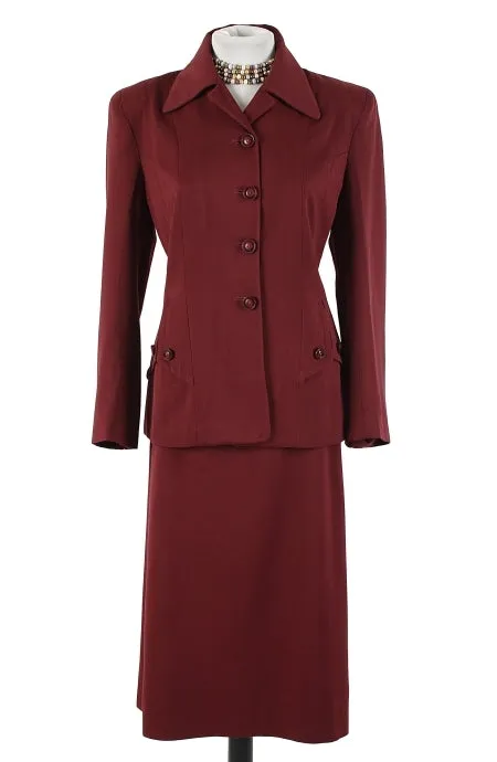 1940s Vintage Skirt Suit with Button Tabs Wool Gaberdine