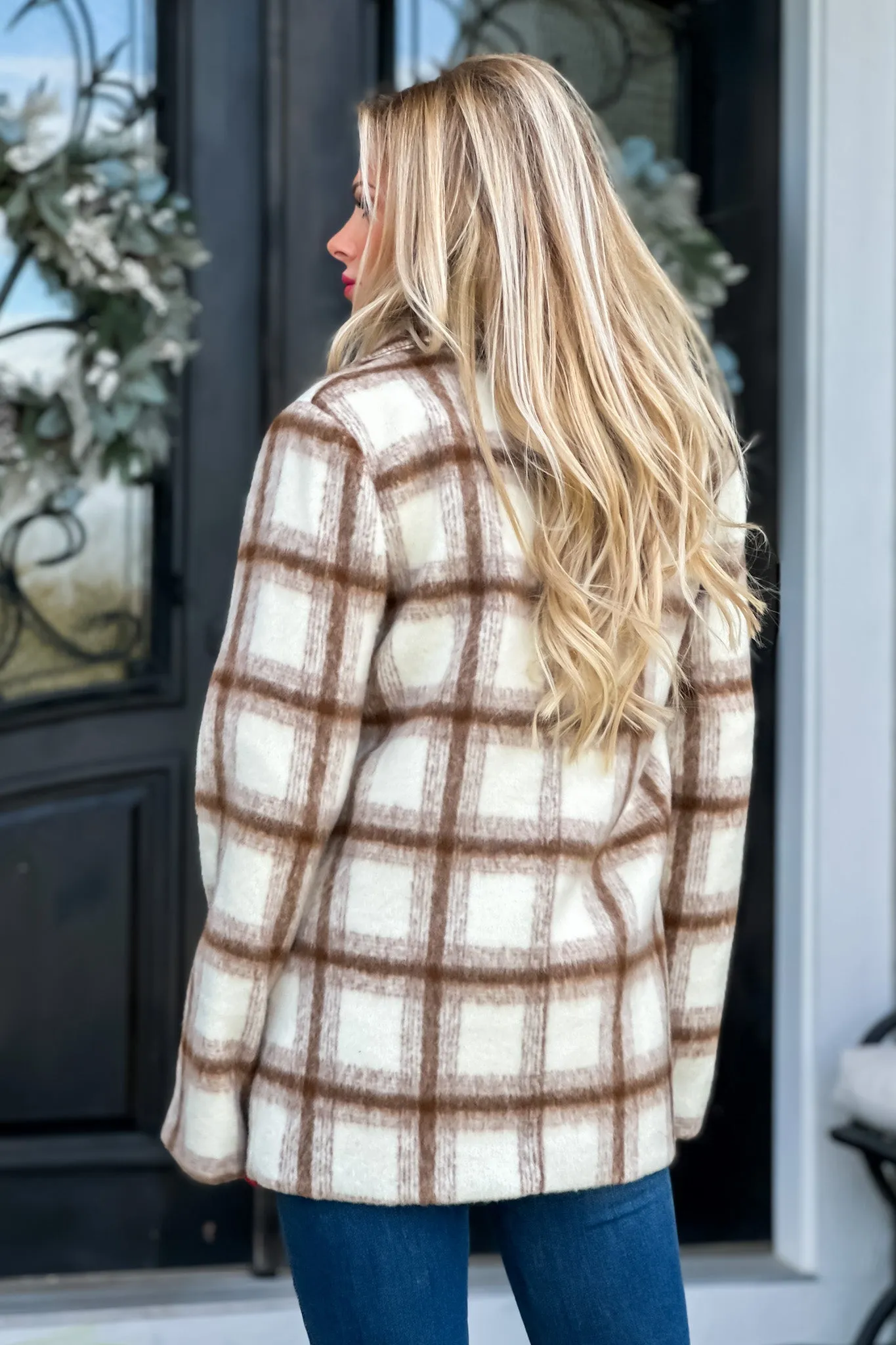 All Figured Out Plaid Pea Coat : Ivory/Mocha