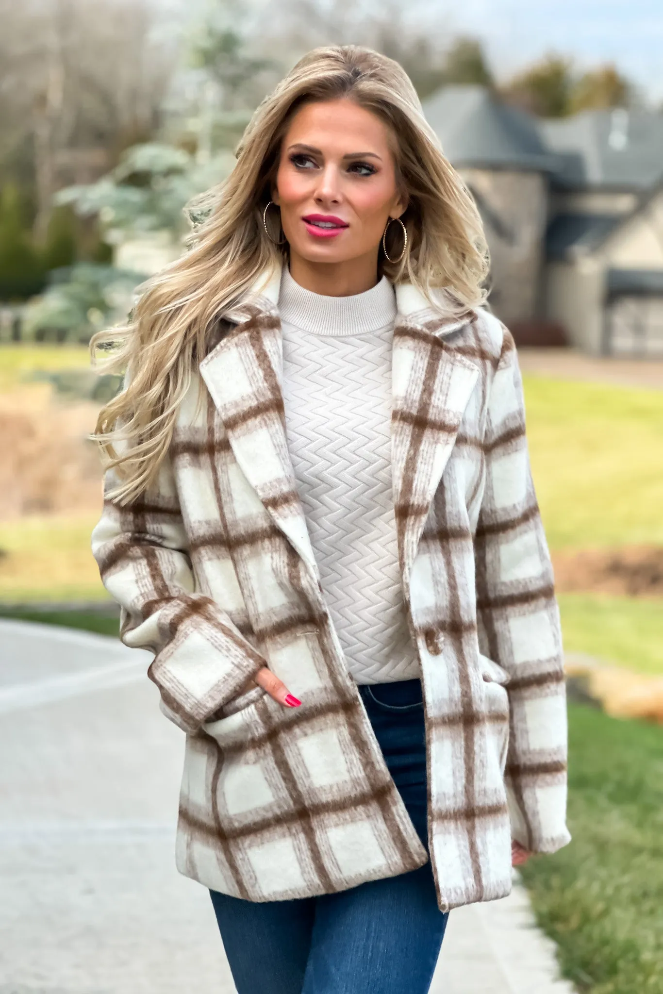 All Figured Out Plaid Pea Coat : Ivory/Mocha