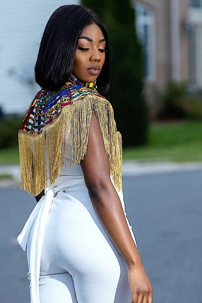 Ashanti Gold Fringe Ankara Cape
