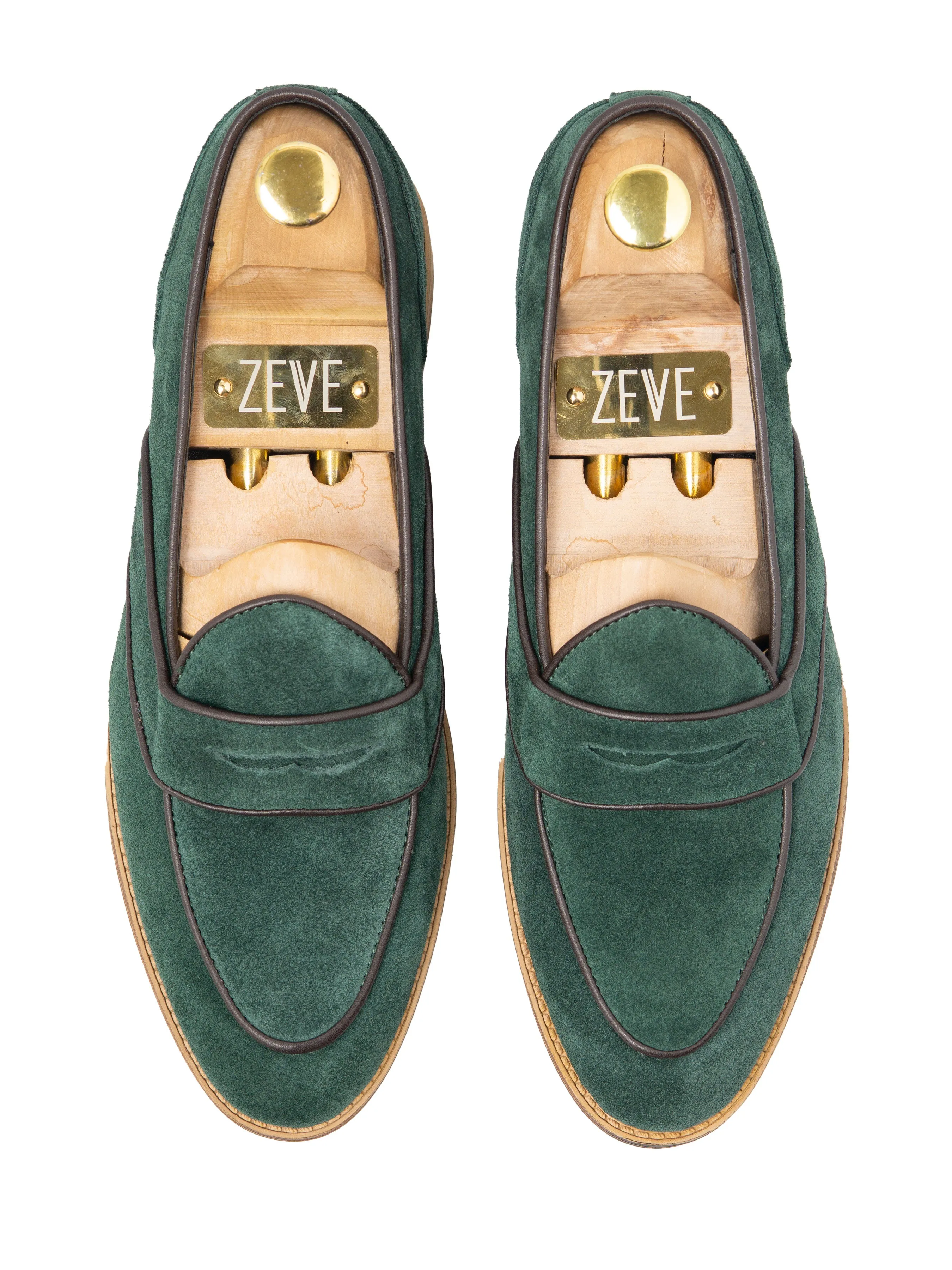 Belgian Loafer - Emerald Green Suede Leather With Penny Strap Piping (Flexi-Sole)