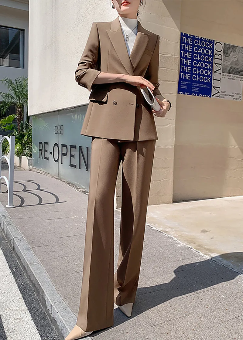 Brown Double Breasted Blazer Wide Pants Suit Two-Piece Set