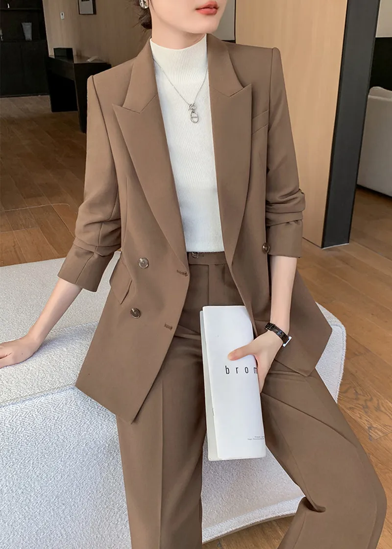 Brown Double Breasted Blazer Wide Pants Suit Two-Piece Set