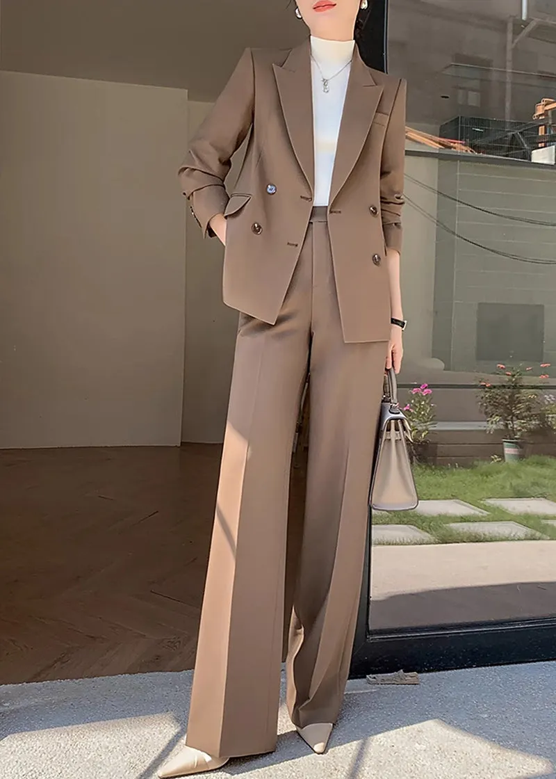 Brown Double Breasted Blazer Wide Pants Suit Two-Piece Set