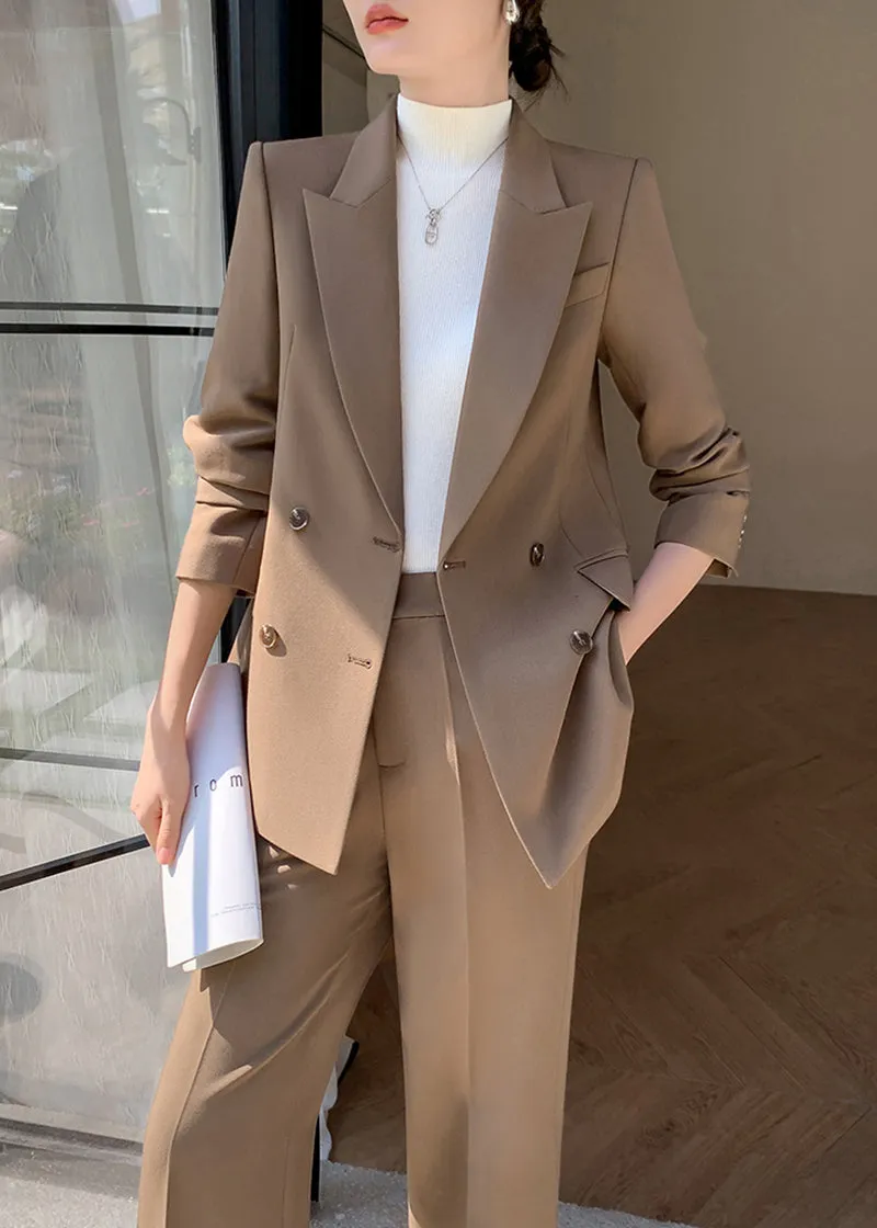 Brown Double Breasted Blazer Wide Pants Suit Two-Piece Set