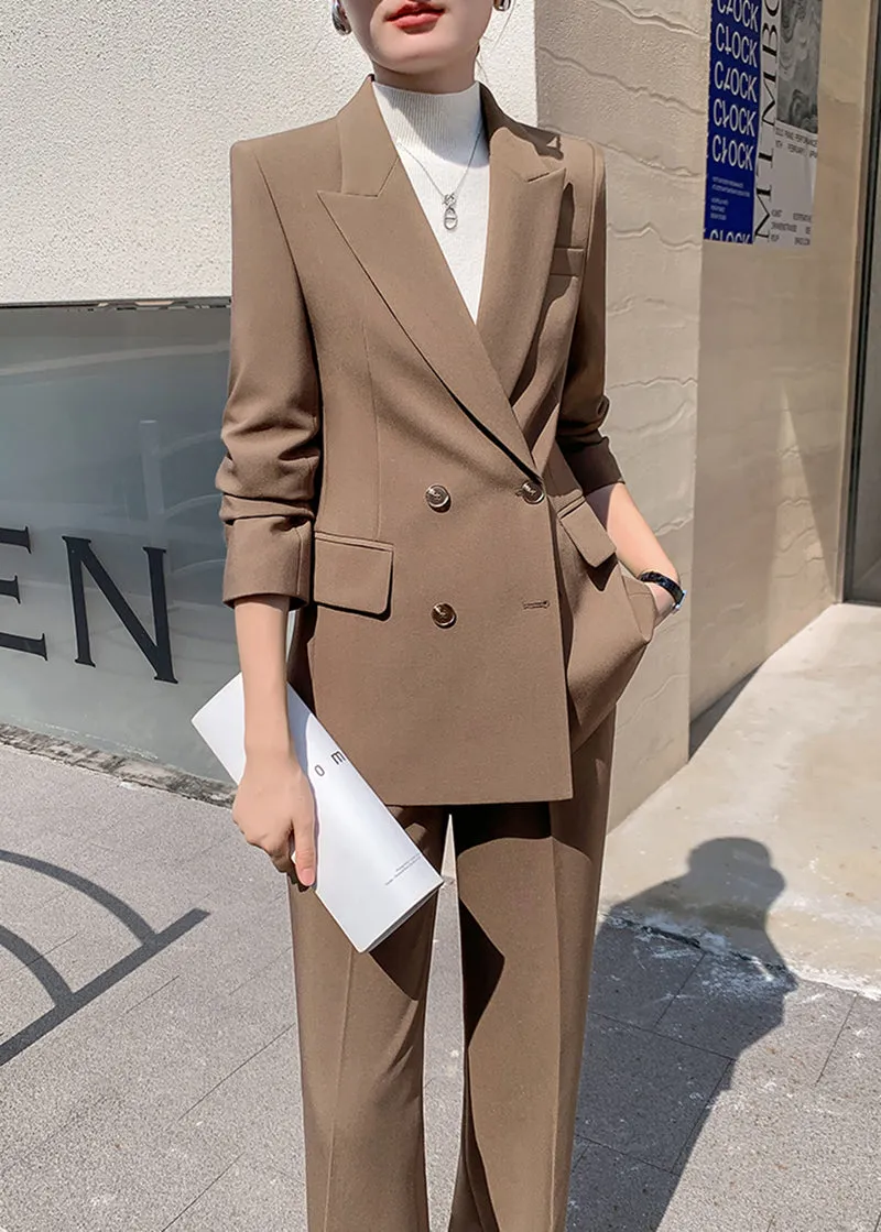 Brown Double Breasted Blazer Wide Pants Suit Two-Piece Set