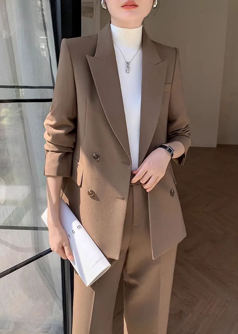 Brown Double Breasted Blazer Wide Pants Suit Two-Piece Set