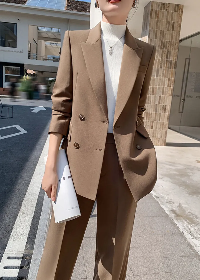 Brown Double Breasted Blazer Wide Pants Suit Two-Piece Set