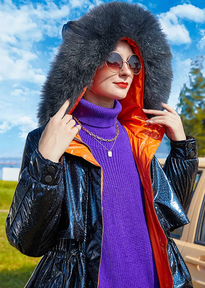 Fox Fur Hood Maxi Thicken Down Puffer Parka Navy Blue
