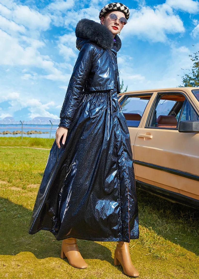 Fox Fur Hood Maxi Thicken Down Puffer Parka Navy Blue