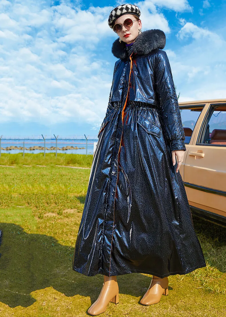 Fox Fur Hood Maxi Thicken Down Puffer Parka Navy Blue