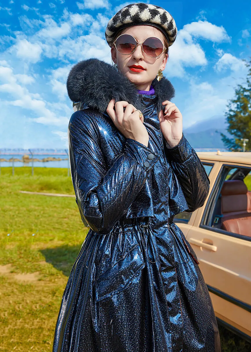 Fox Fur Hood Maxi Thicken Down Puffer Parka Navy Blue