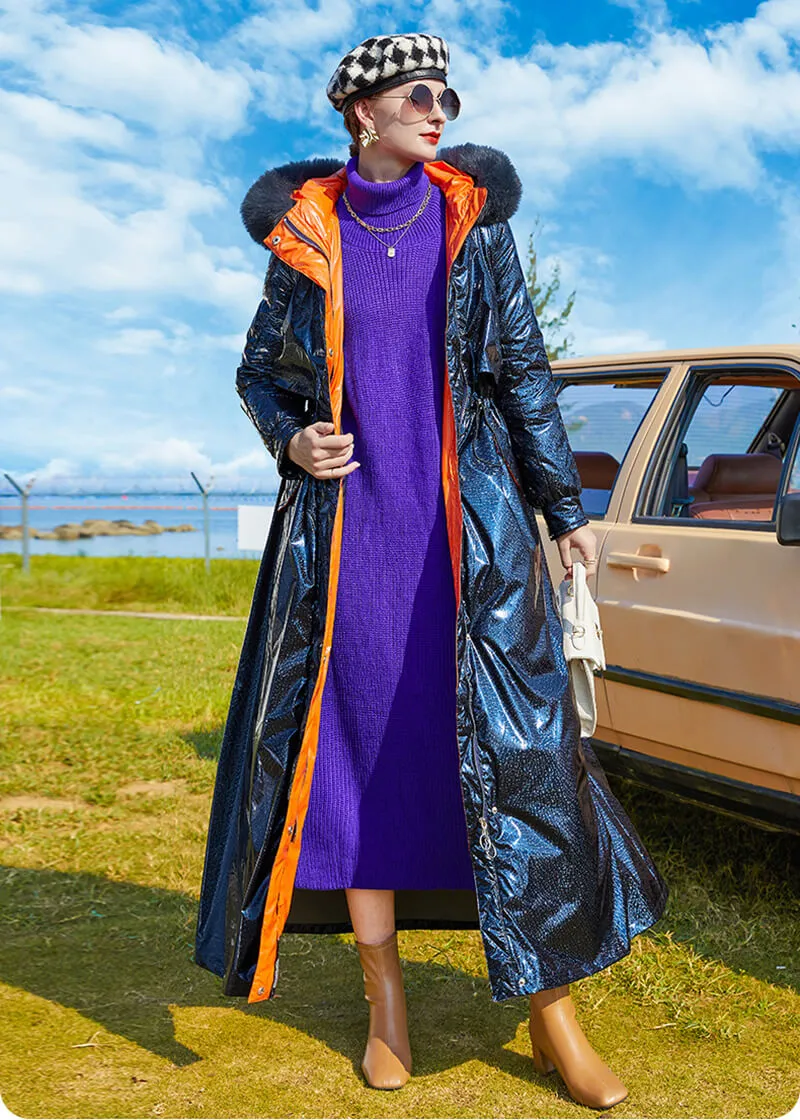 Fox Fur Hood Maxi Thicken Down Puffer Parka Navy Blue