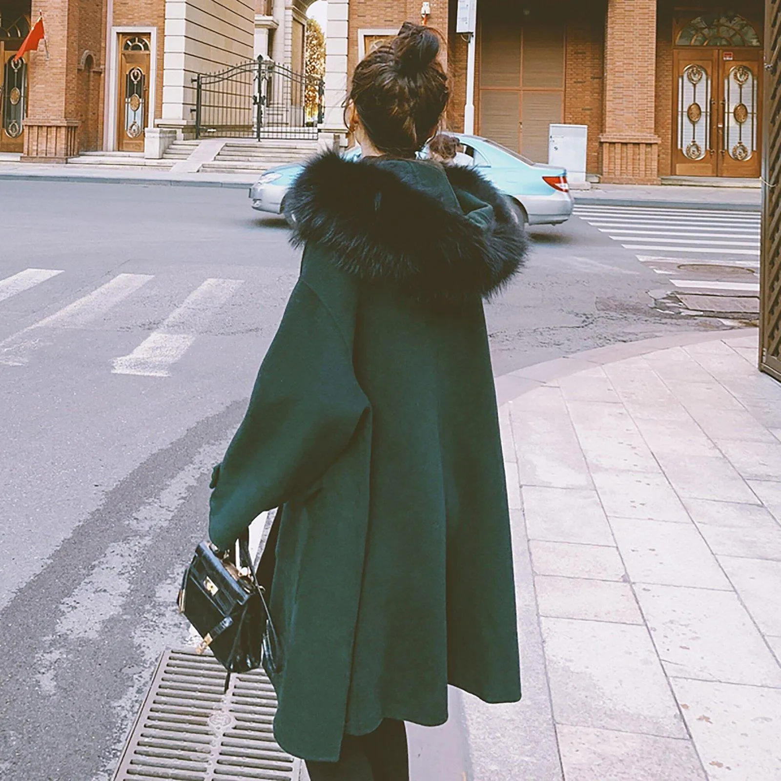 Hooded Fur Collar Wool Blend Duffle Coat