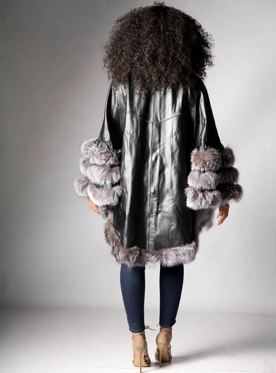 Leather Cape with Fox Fur Trim