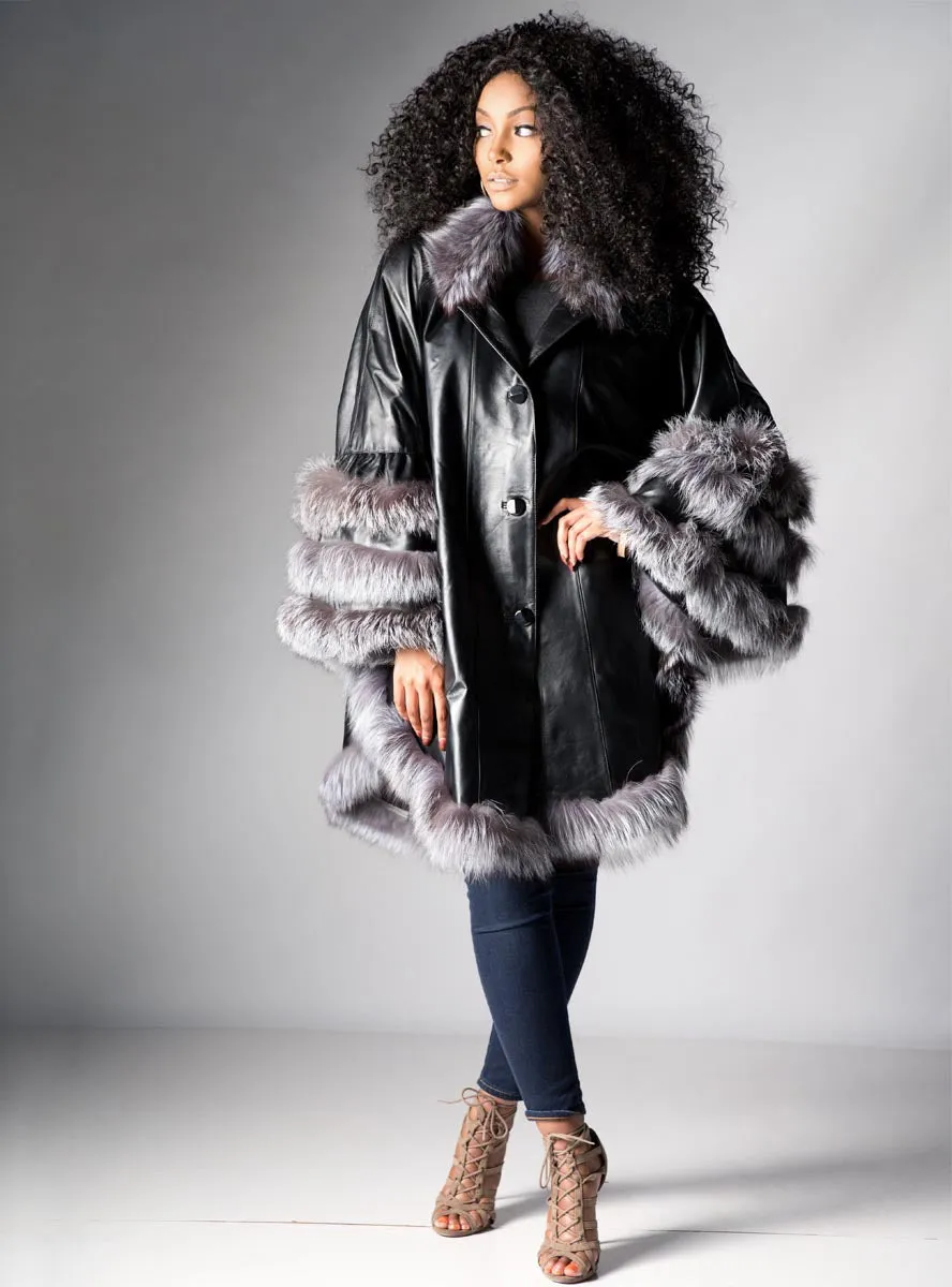 Leather Cape with Fox Fur Trim