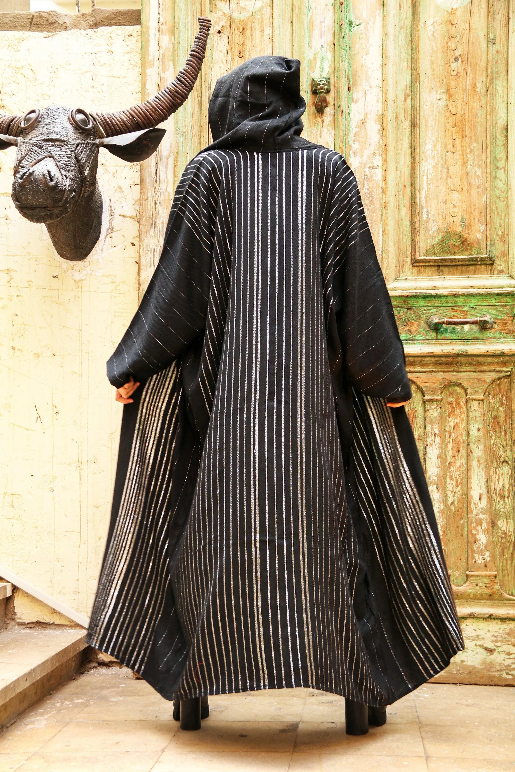 Luxurious hand loomed black coat, Moroccan  wool coat, wool kimono, bohemian coat, Winter coat, Hooded Coat, Hand loomed coat, Boho coat