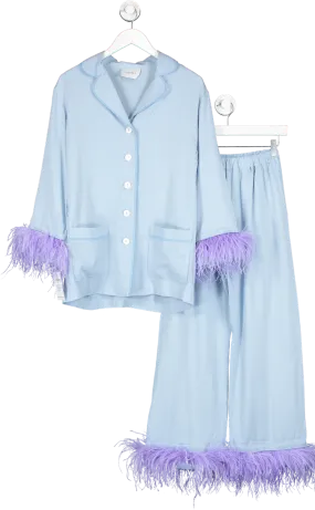Sleeper Blue Party Feather Trimmed Twill Pyjama Set UK S