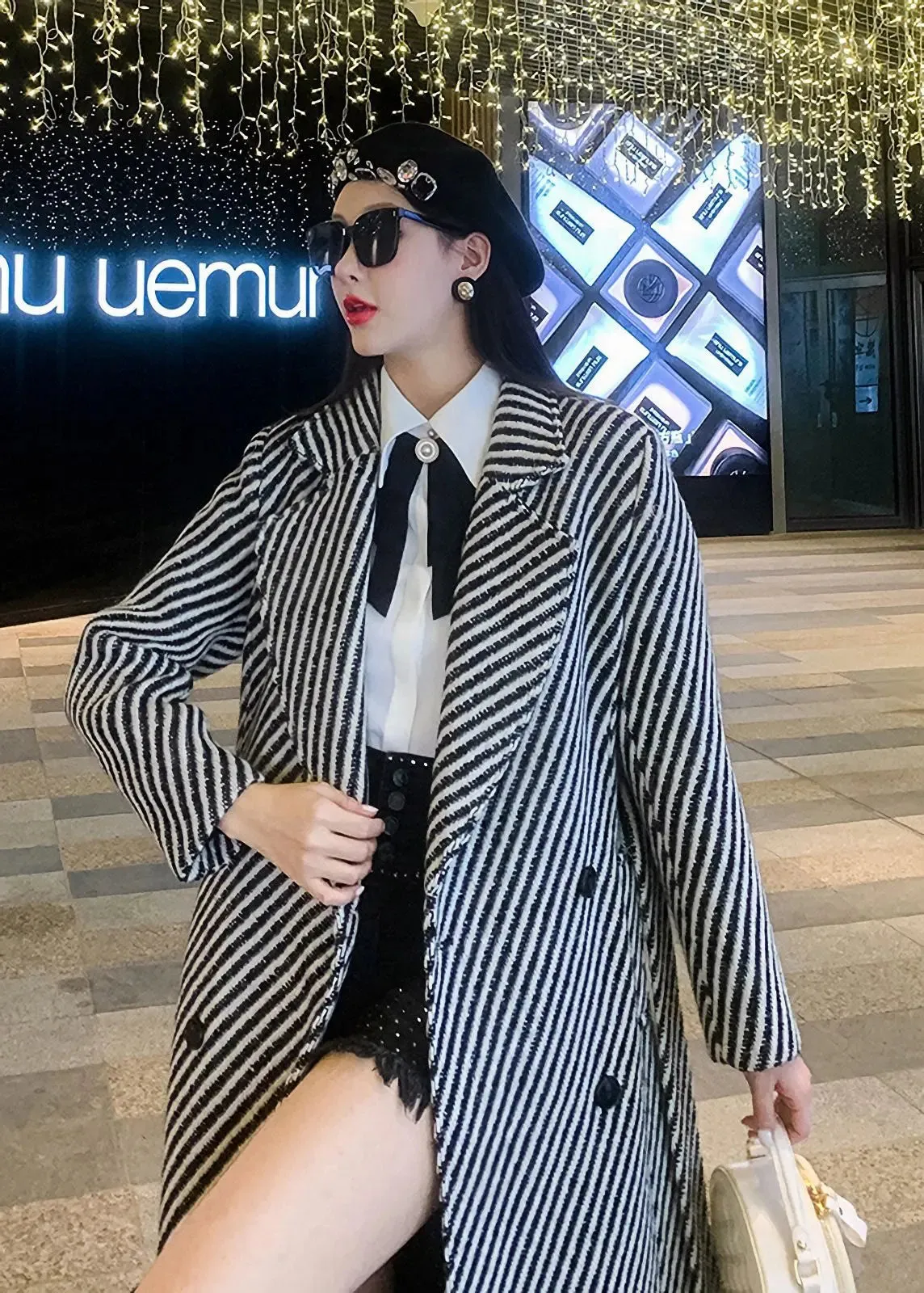 Striped Twill Double Breasted Wool Blend Coat