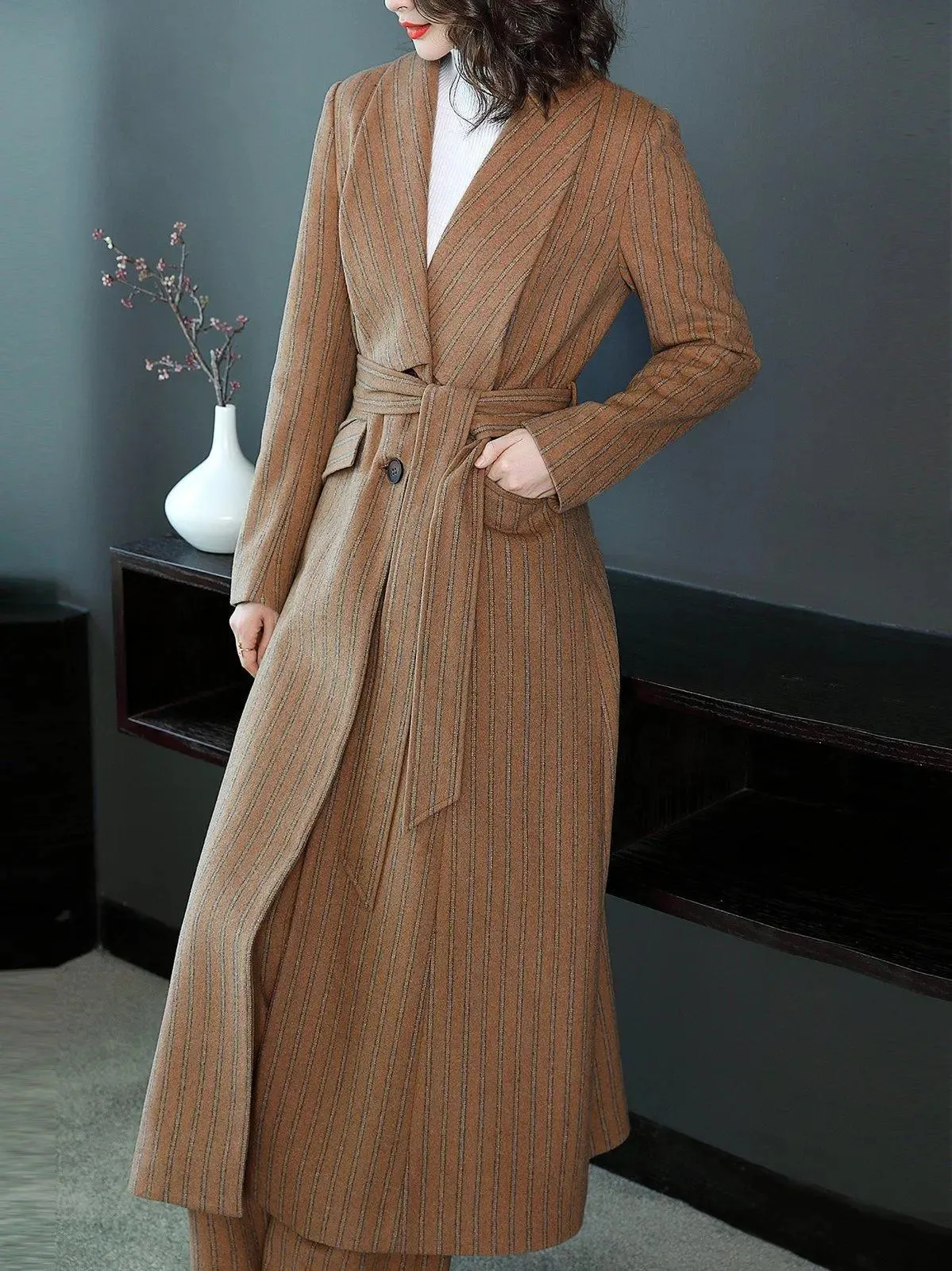 Striped Wool Blend Belted Flare Coat & Pants Two-Piece Set