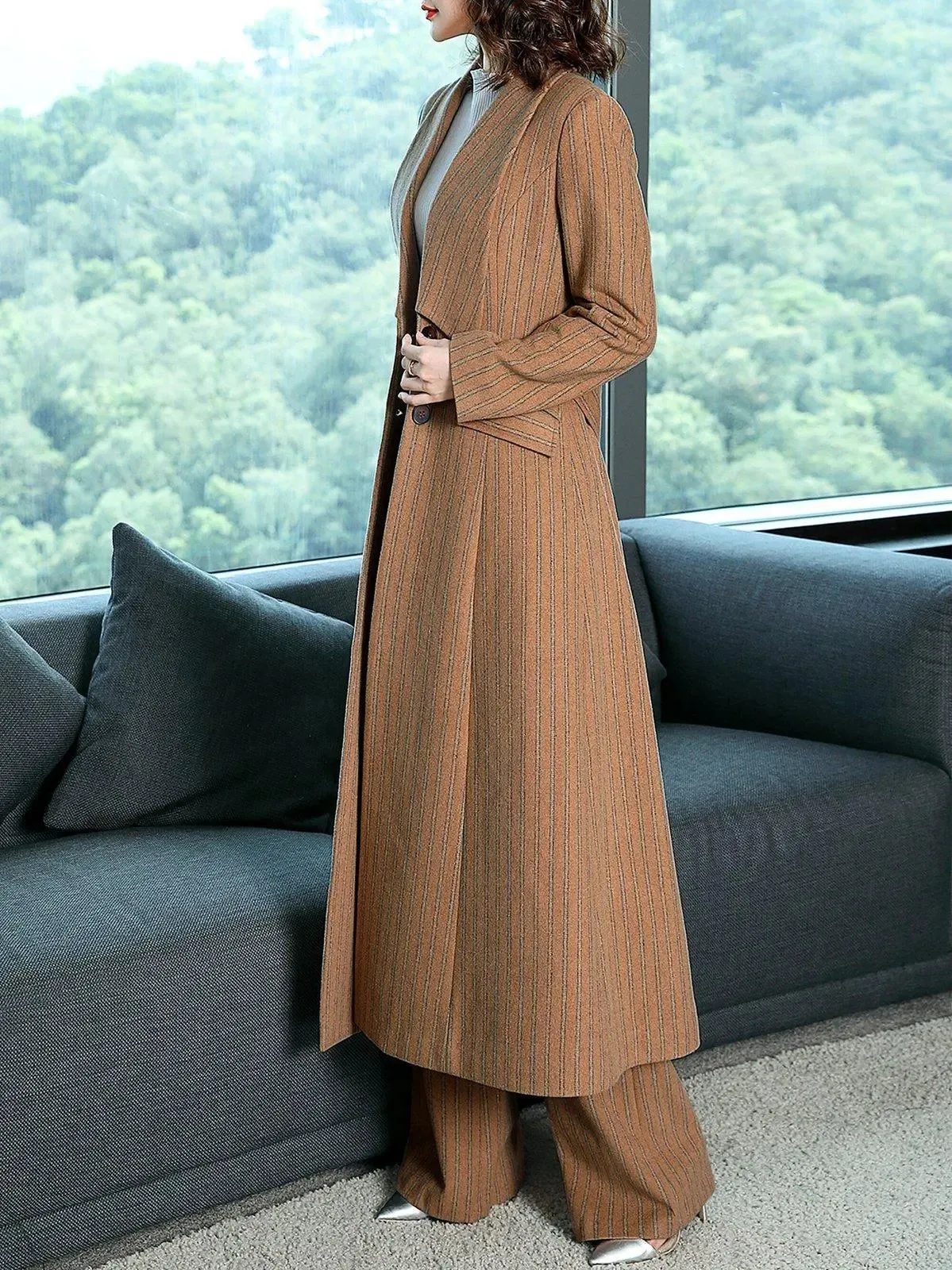 Striped Wool Blend Belted Flare Coat & Pants Two-Piece Set
