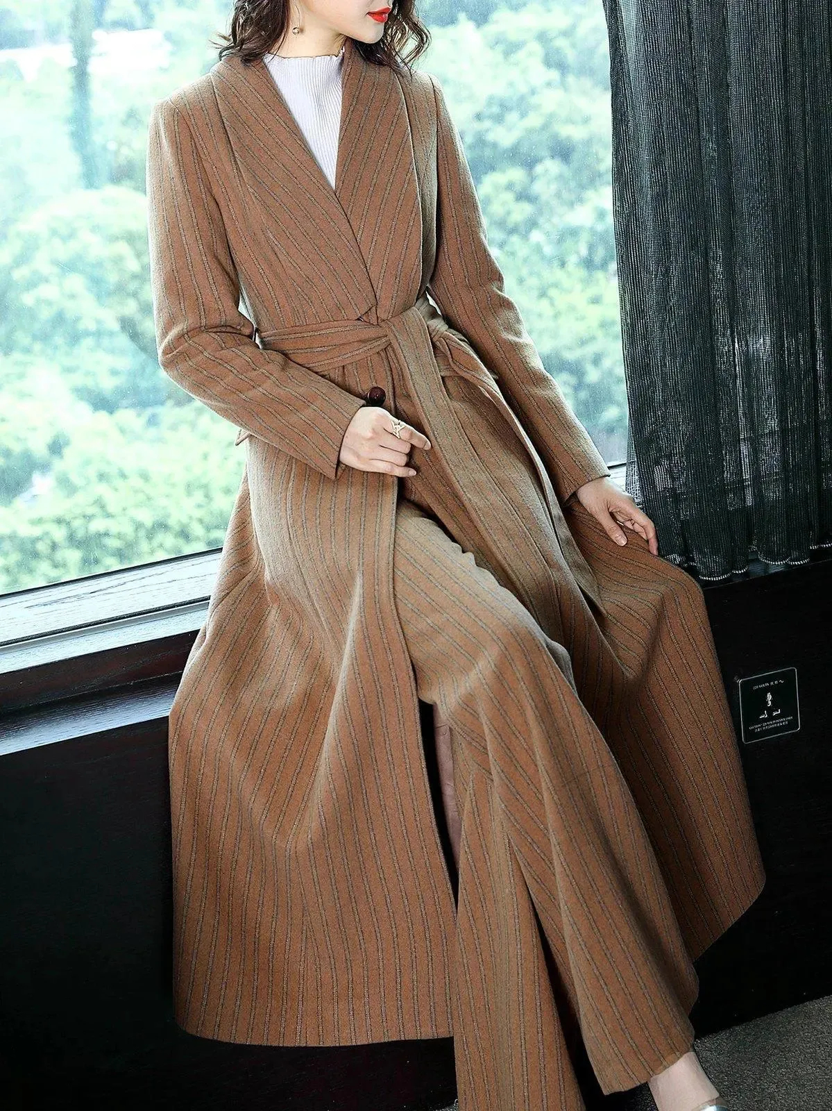 Striped Wool Blend Belted Flare Coat & Pants Two-Piece Set