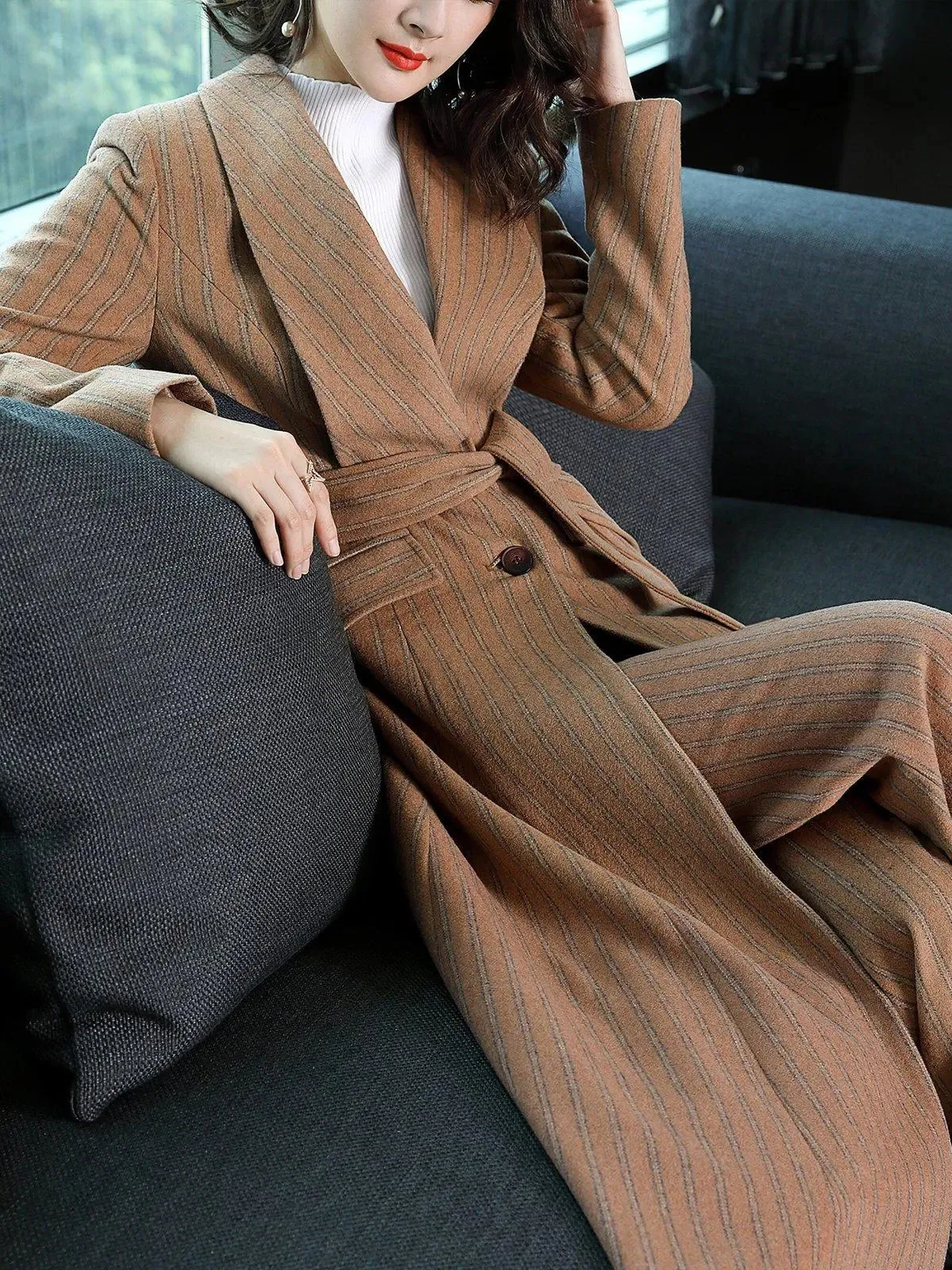 Striped Wool Blend Belted Flare Coat & Pants Two-Piece Set