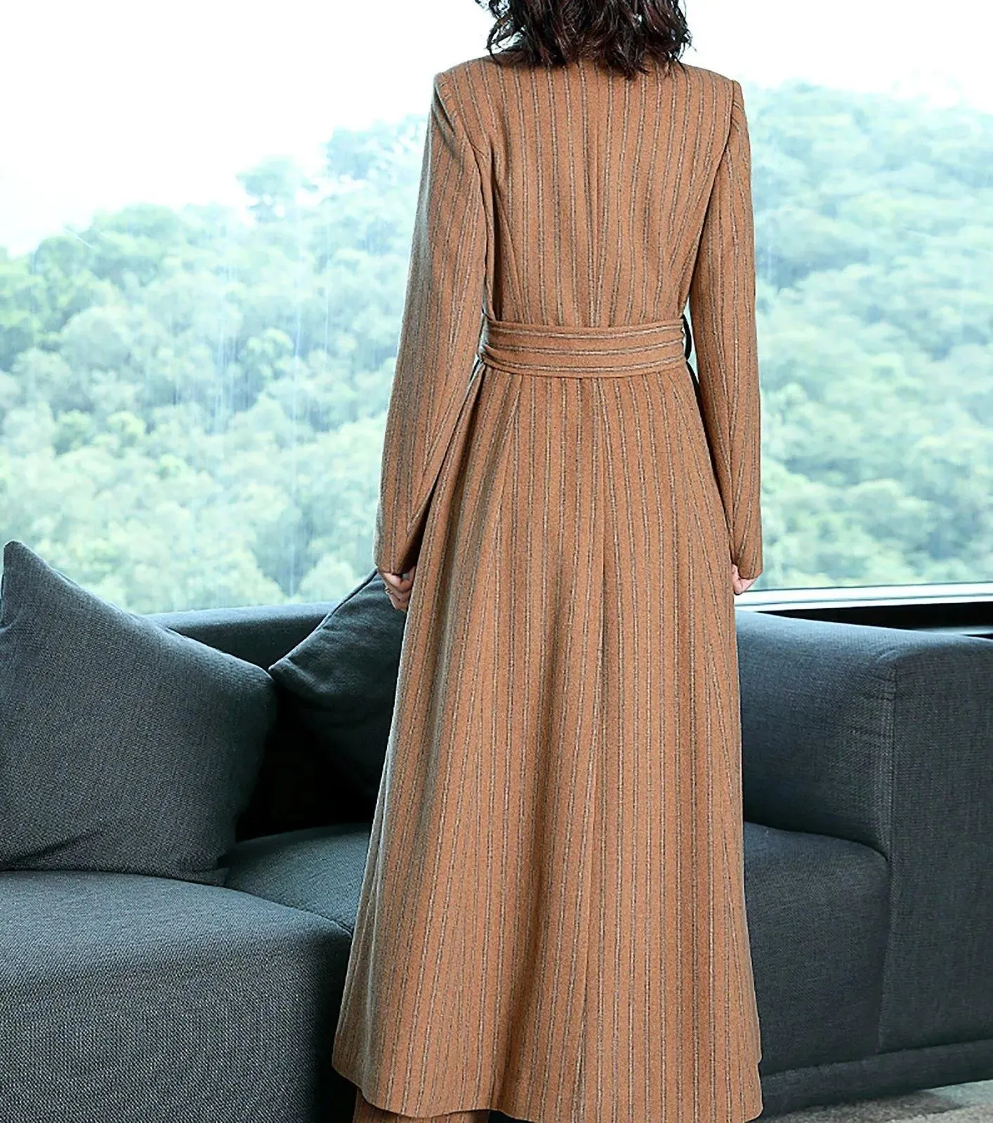 Striped Wool Blend Belted Flare Coat & Pants Two-Piece Set