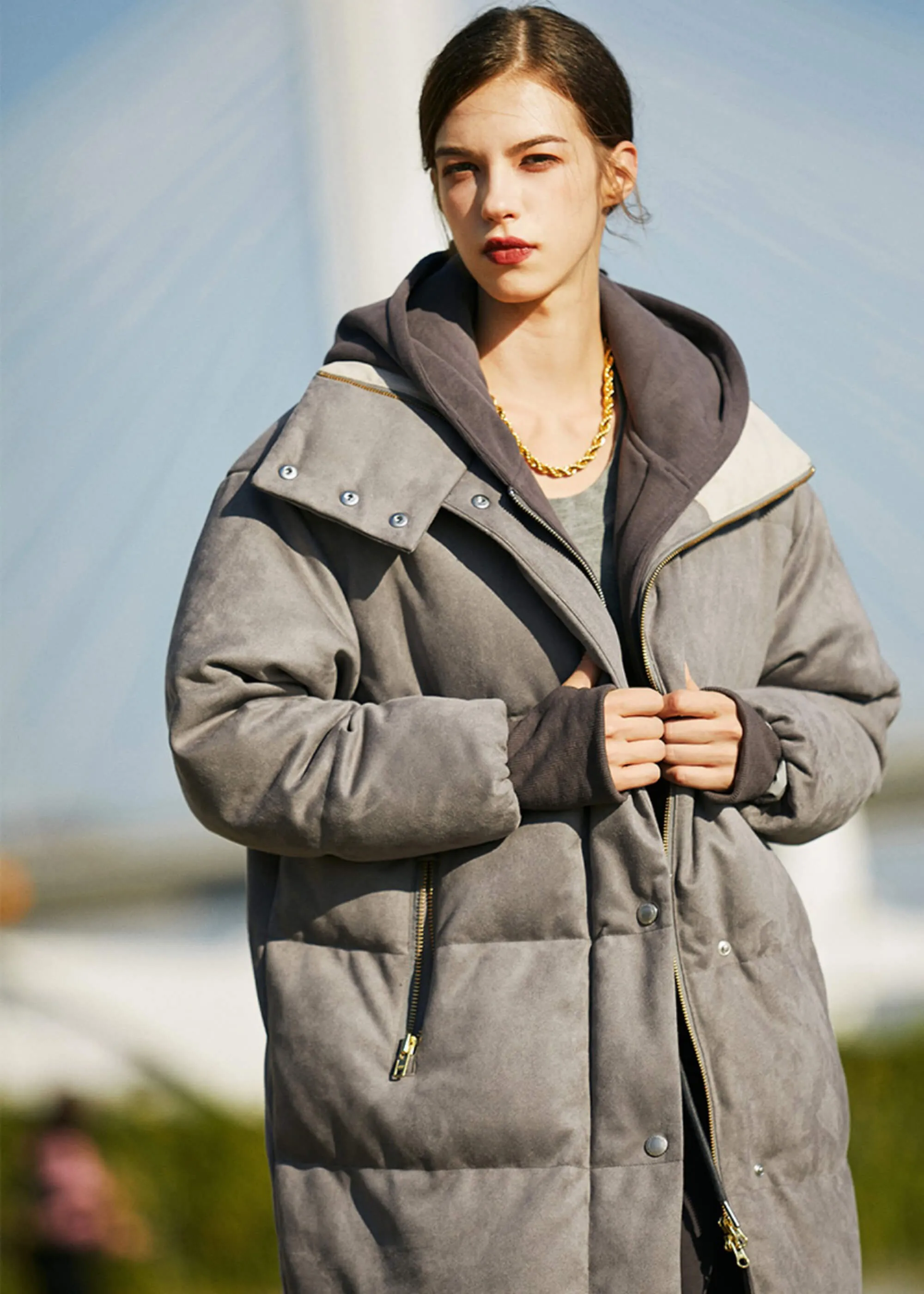 Suede Long Down Puffer Parka Coat