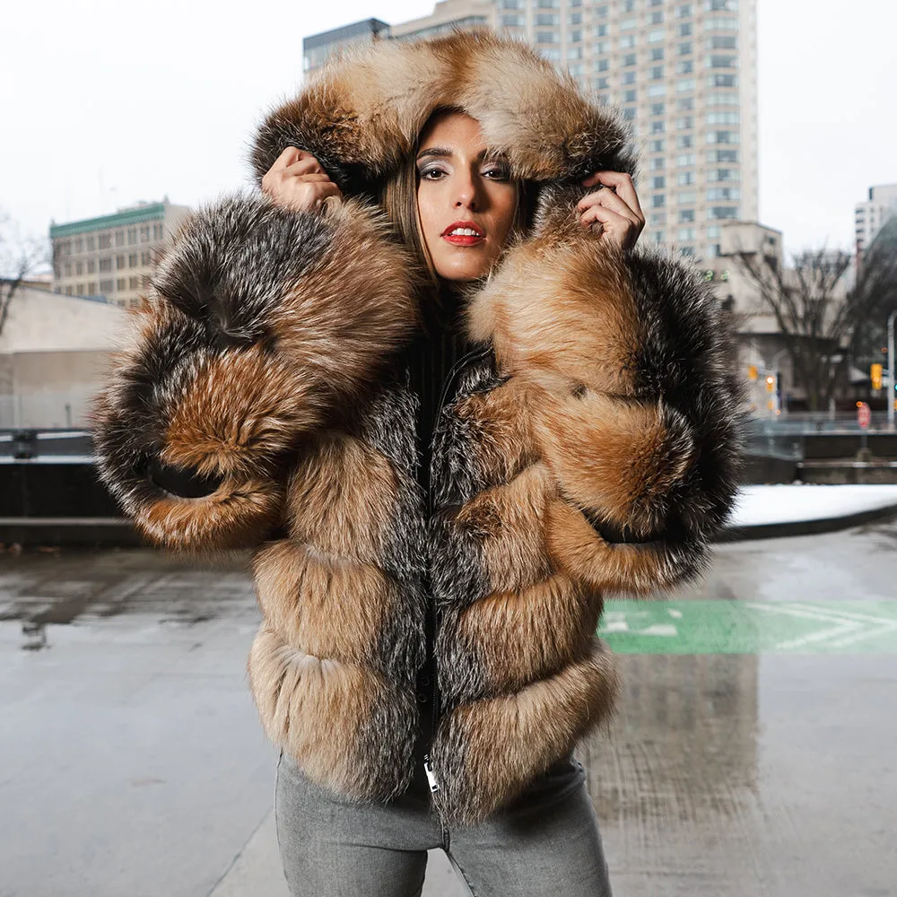 Women's Fox Fur Bomber Hooded Jacket